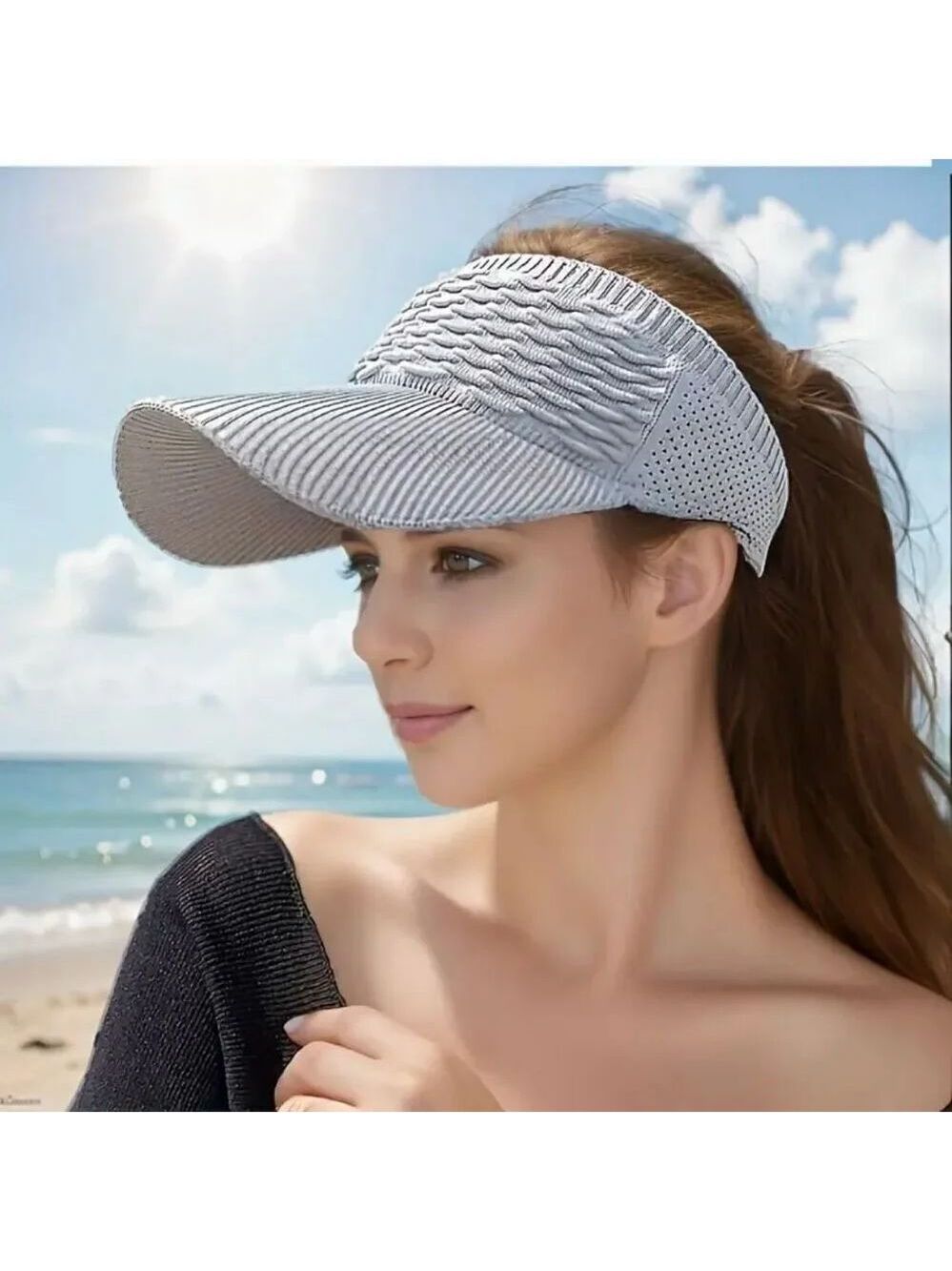 NWT Gorgeous Grey Knit Visor Elastic Sun Hat UV Protection